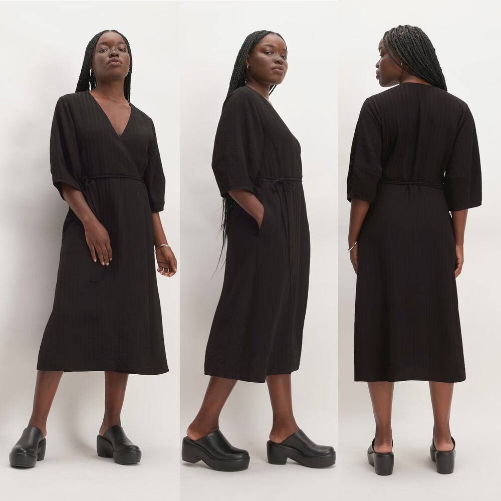 NWOT Everlane The City Stripe Puff Sleeve Black Ribbed Midi Wrap Dress 10